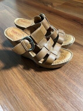 Born Womens Leather Cork Wedge Sandals Brown Buckle Comfort Slides Size 7